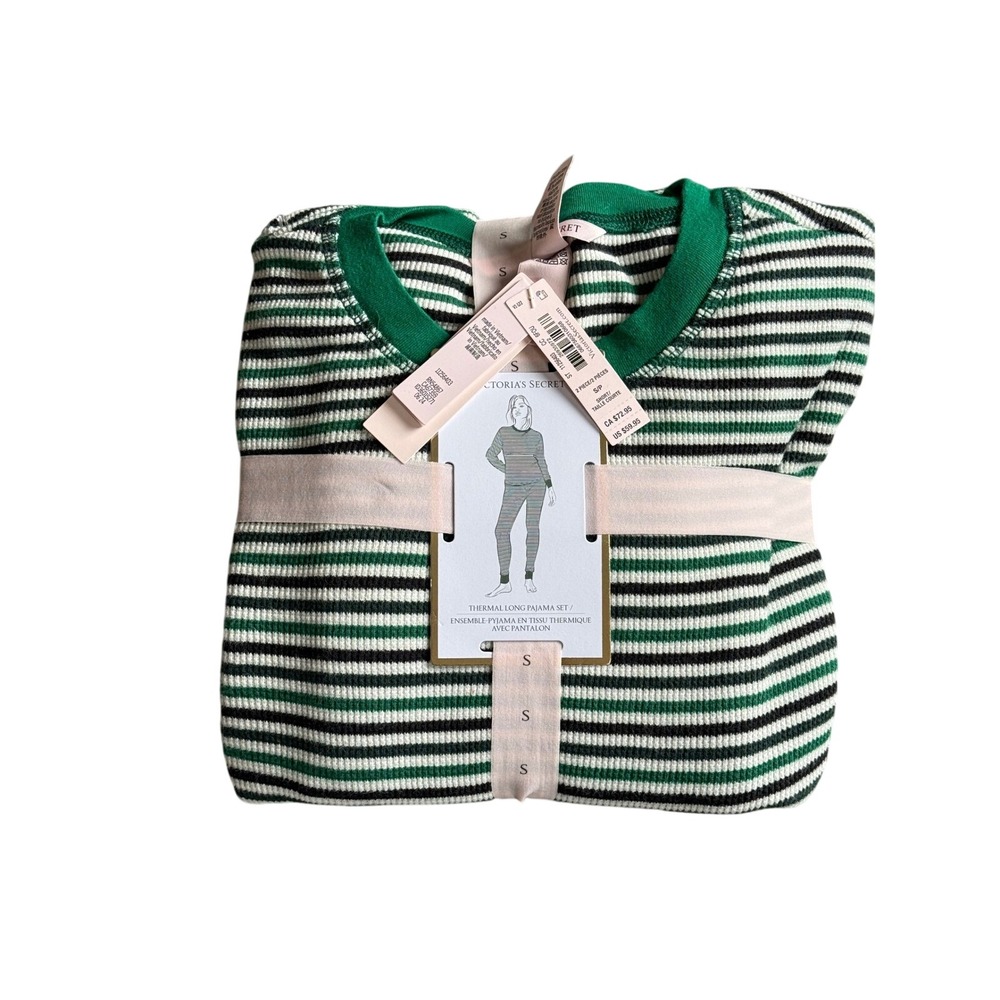 Victoria's Secret Thermal Long Pajama Set Green Black Cream Stripe Small Short